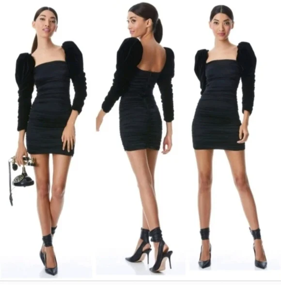 ALICE + OLIVIA KATRICE VELVET PUFF SLEEVE MINI DRESS SIZE4 - Picture 2 of 14